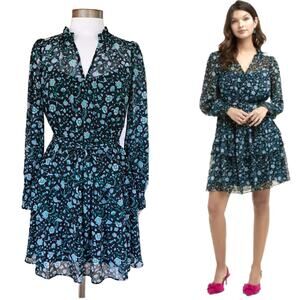 Draper James Dark Floral Belted Chiffon Mini Dress XS Emerald Vine